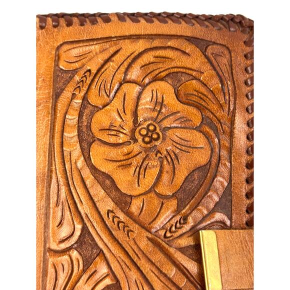 Vtg Hand Tooled Leather Roper Wallet Clutch Checkbook Floral Carved Western Boho - Picture 3 of 13